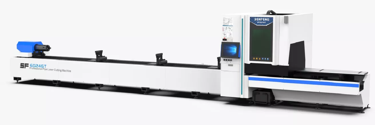 Senfeng SF6024GT – станок для лазерной резки трубы под углом до 45 ° с защитной кабиной в зоне реза. Длина трубы до 6 метров с диаметром до 230 мм. Мощность от 3 до 6 кВт.