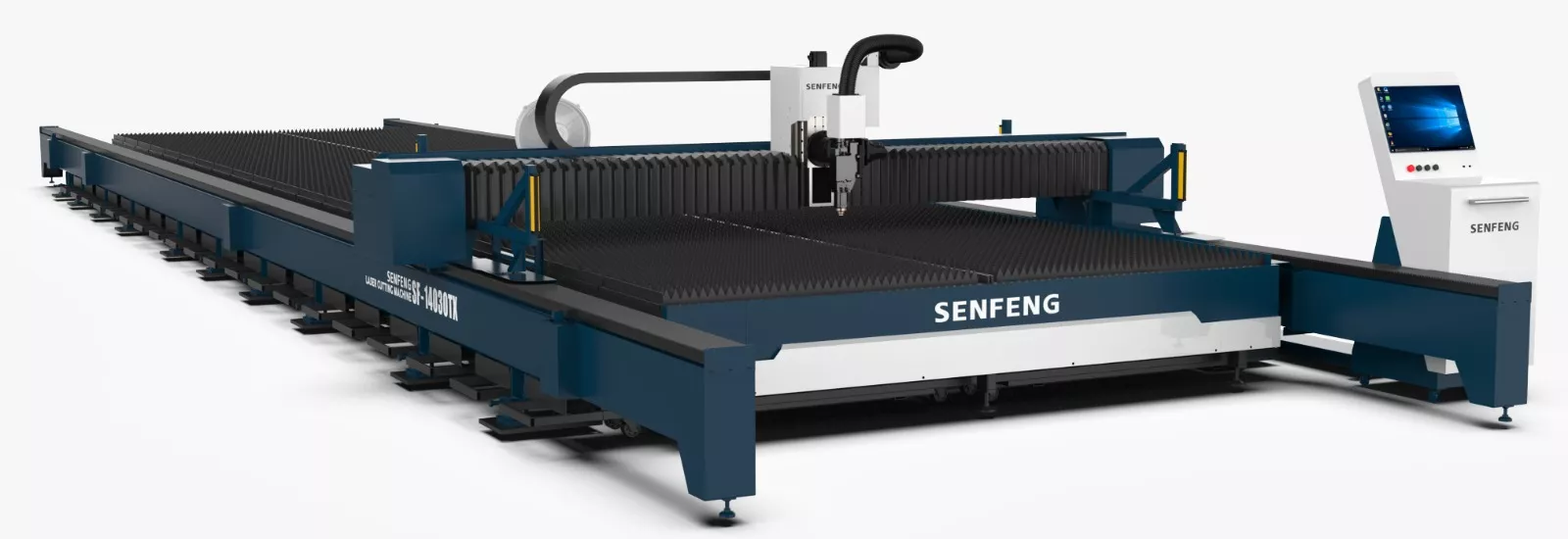 Senfeng SF12030TX - широкоформатный станок для лазерной резки листового металла. Возможность резки со скосом под углом 45°. Рабочее поле 12000х3000. Мощность от 6 до 100 кВт.