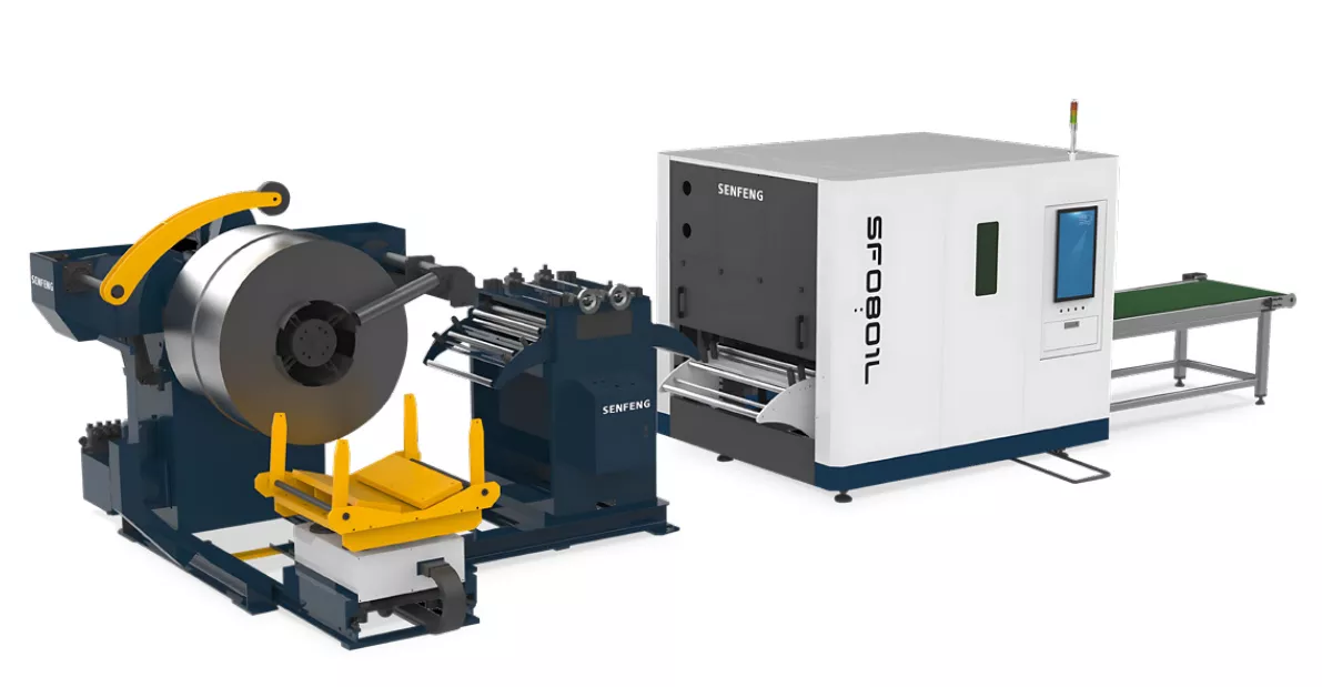 Senfeng SF0801LS - компактный автоматизированный комплекс лазерной резки с рулонной подачей и кабинетной защитой. Толщина рулонного материала до 1,2 мм, ширина до 800 мм. Мощность от 1,5 до 3 кВт.