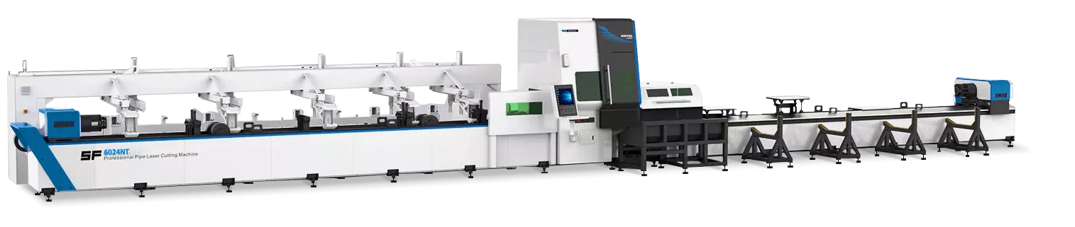 Senfeng SF6024NT – станок для лазерной резки трубы с тремя патронами. Длина трубы до 6 метров с диаметром до 240 мм. Мощность от 3 до 12 кВт