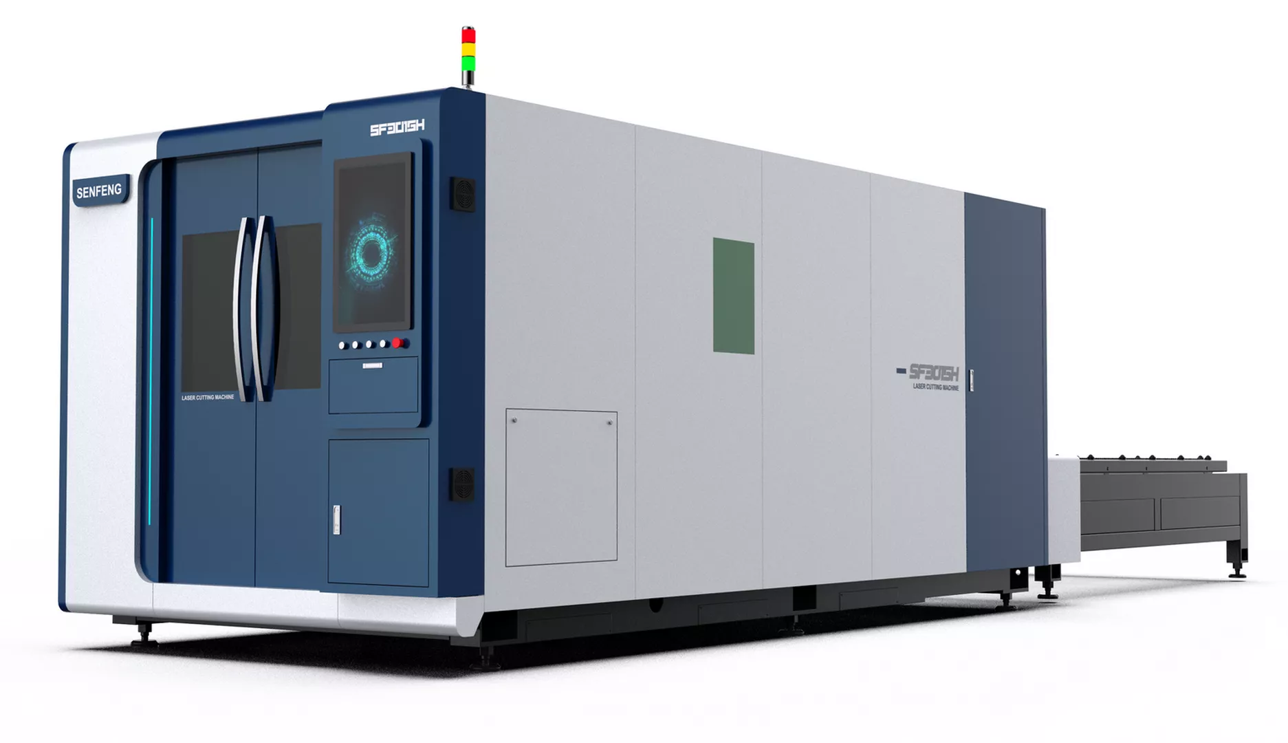 Senfeng SF6015HC – станок лазерной резки металла с защитой кабинетного типа и системой сменных столов. Рабочее поле 6000х1500 мм. Мощность от 1,5 до 12 кВт.