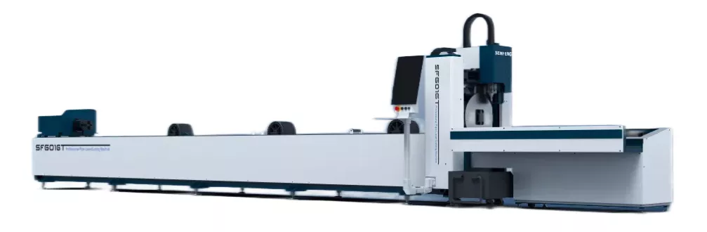 Senfeng SF6016T – станок открытого типа для лазерной резки труб и профилей с приемным столом 2 м. Длина заготовок до 6 метров с диаметром до 160 мм. Мощность от 1,5 до 3 кВт.