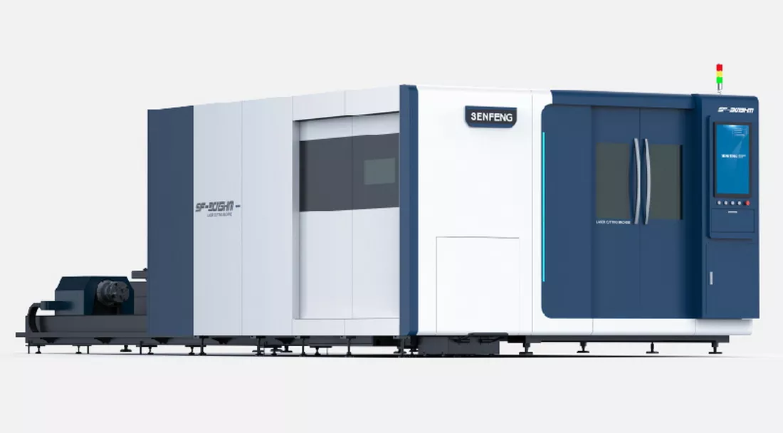 Senfeng SF3015HMC – комбинированный станок лазерной резки листового и трубного проката с защитой кабинетного типа и системой сменных столов. Рабочее поле 3000х1500. Длина трубы до 6 метров с диаметром до 220 мм. Мощность от 1,5 до 6 кВт.