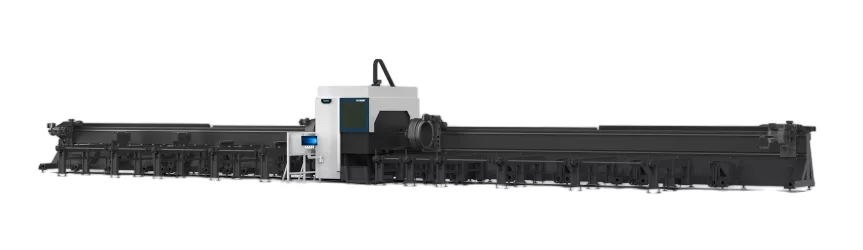 Senfeng SF12035HT - тяжелый станок для лазерной резки трубы с четырьмя патронами, с защитной кабиной в зоне реза. Длина трубы от 6 до 12 метров с диаметром до 360 мм. Мощность от 6 до 20 кВт.