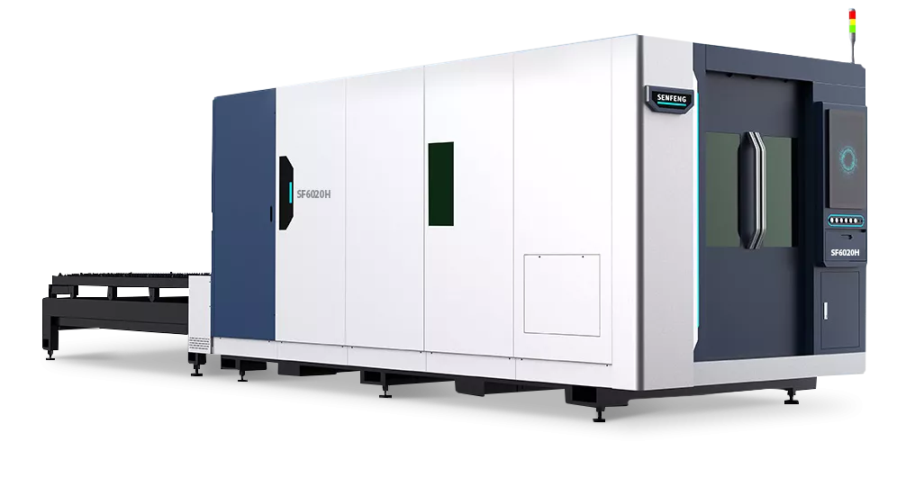Senfeng SF6020H4 – высокомощный станок лазерной резки металла с защитой кабинетного типа и системой сменных столов. Рабочее поле 6000х2000 мм. Мощность от 6 до 60 кВт.