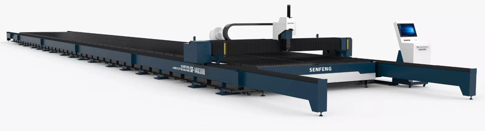 Senfeng SF10030R – широкоформатный лазерный станок резки металла открытого типа. Рабочее поле 10 000х3000 мм. Мощность от 6 до 100 кВт.