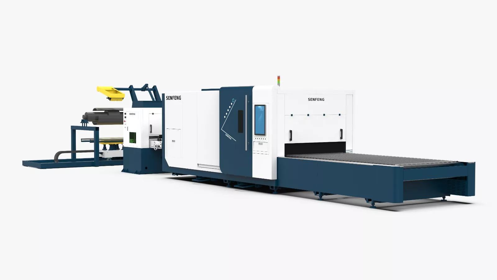 Senfeng SF1503CH – автоматизированный комплекс лазерной резки с рулонной подачей и кабинетной защитой. Толщина рулонного материала – до 3 мм, ширина – до 1500 мм. Мощность излучателя – от 3 до 6 кВт.