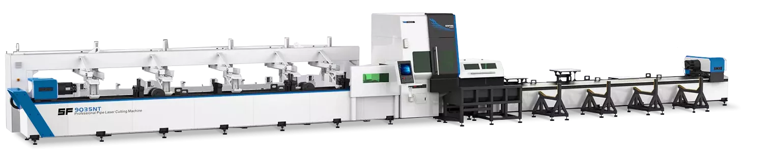 Senfeng SF9035NT – станок для лазерной резки трубы с тремя патронами. Длина трубы до 9 метров с диаметром до 350 мм. Мощность от 3 до 12 кВт.