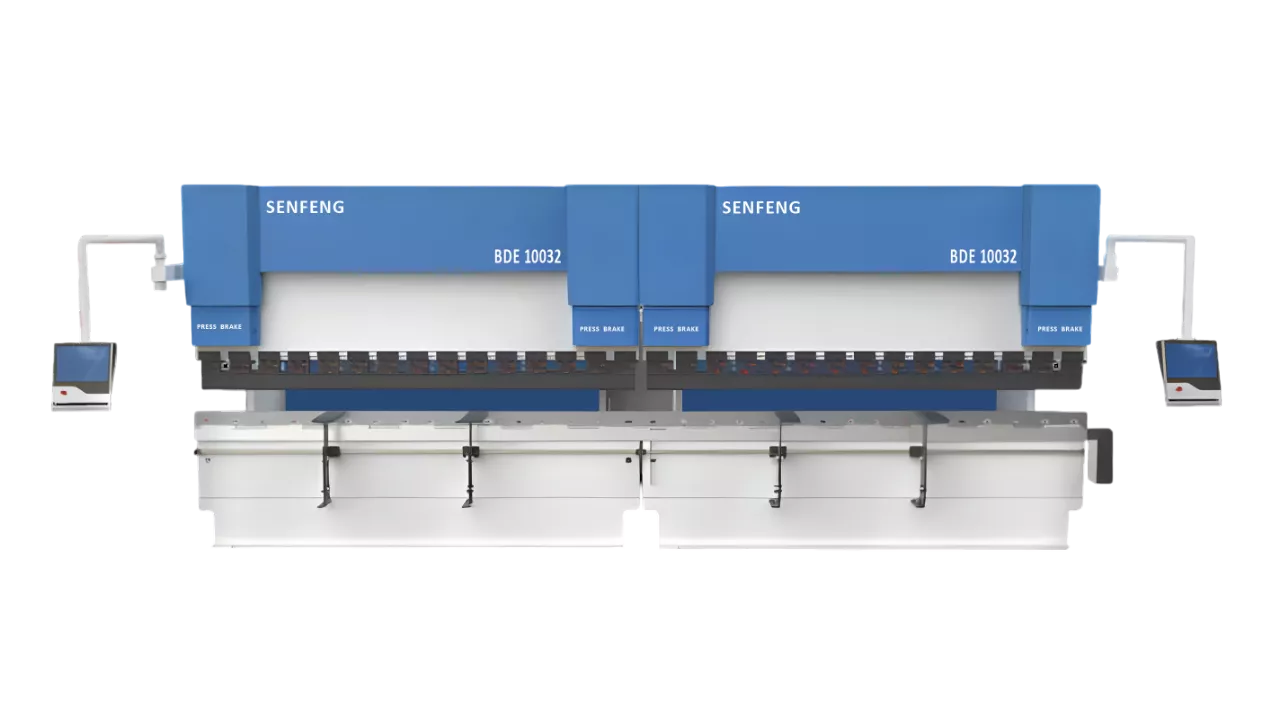 Senfeng BDE10032 + BDE10032 - тандемный листогибочный пресс с электрогидравлической синхронизацией, усилие гиба 200 тонн, длина заготовки до 6400 мм