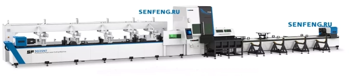 Senfeng SF9035NT – станок для лазерной резки трубы с тремя патронами. Длина трубы до 9 метров с диаметром до 350 мм. Мощность от 3 до 12 кВт.