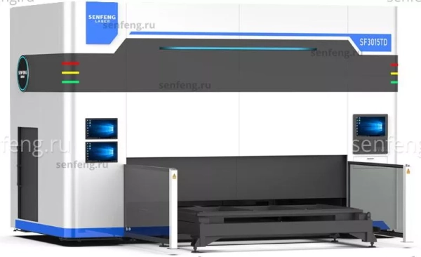 Senfeng SF3015TD - пятиосевой станок для лазерной резки объемных деталей сложной формы. С 180-градусной двухпозиционной вращающейся платформой. Рабочее поле 3000х1500 мм. Мощность от 1,5 до 4 кВт