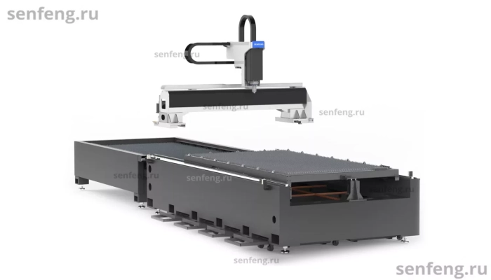 Senfeng SF3015H4 - высокомощный станок лазерной резки металла с защитой кабинетного типа и системой сменных столов. Рабочее поле 3000х1500 мм. Мощность от 6 до 60 кВт.