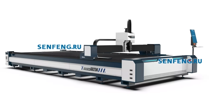 Senfeng SF6025NP –  лазерный станок повышенной мощности открытого типа для резки листового металла с усиленной станиной. Рабочее поле 6050х2530 мм. Мощность 12 кВт.