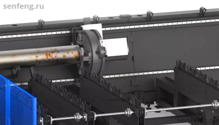 Senfeng SF12035HT - тяжелый станок для лазерной резки трубы с четырьмя патронами, с защитной кабиной в зоне реза. Длина трубы от 6 до 12 метров с диаметром до 360 мм. Мощность от 6 до 20 кВт.