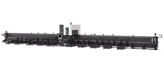 Senfeng SF12035GST – тяжелый станок для лазерной резки труб под углом до 45° c защитой в зоне реза, с системой автоматической загрузки (опция) и разгрузки заготовок. Длина трубы до 12 метров с диаметром до 360 мм. Мощность от 6 до 20 кВт.