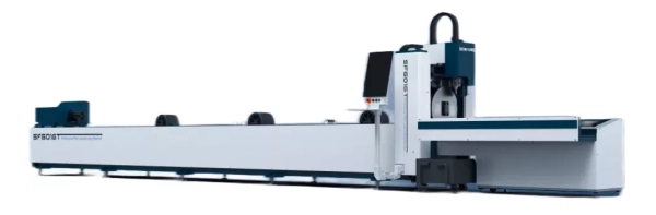 Senfeng SF6016T – станок открытого типа для лазерной резки труб и профилей с приемным столом 2 м. Длина заготовок до 6 метров с диаметром до 160 мм. Мощность от 1,5 до 3 кВт.