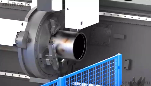 Senfeng SF12050HT - cверхтяжелый станок для лазерной резки трубы с четырьмя патронами, с защитной кабиной в зоне реза. Длина трубы от 6 до 12 метров с диаметром до 500 мм. Мощность от 6 до 20 кВт.