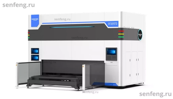 Senfeng SF3015TD - пятиосевой станок для лазерной резки объемных деталей сложной формы. С 180-градусной двухпозиционной вращающейся платформой. Рабочее поле 3000х1500 мм. Мощность от 1,5 до 4 кВт