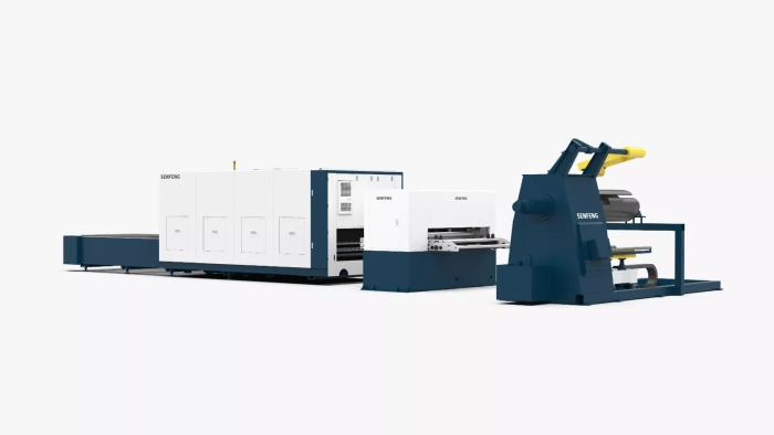 Senfeng SF1502CH - автоматизированный комплекс лазерной резки с рулонной подачей и кабинетной защитой. Толщина рулонного материала до 2 мм, ширина до 1500 мм. Мощность от 1,5 до 6 кВт.