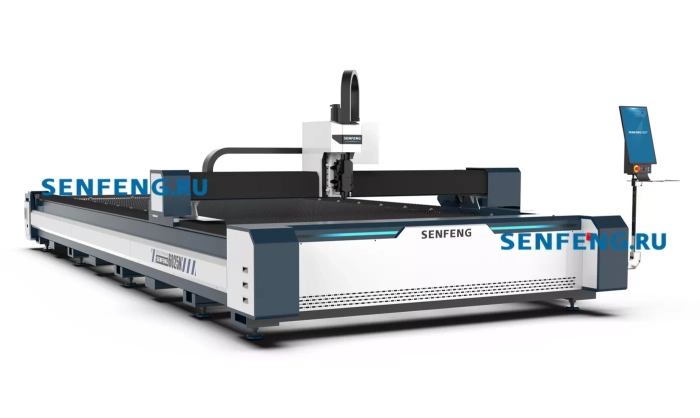 Senfeng SF6025NP –  лазерный станок повышенной мощности открытого типа для резки листового металла с усиленной станиной. Рабочее поле 6050х2530 мм. Мощность 12 кВт.