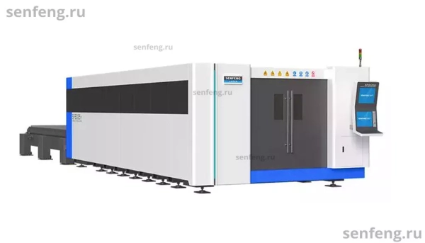 Senfeng SF6025H5 – сверхмощный станок лазерной резки металла с защитой кабинетного типа и системой сменных столов. Особо прочная станина и серводвигатели высокой мощности. Рабочее поле 6000х2500 мм. Мощность 12-100 кВт.