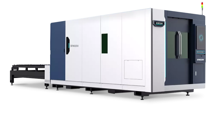 Senfeng SF8025H4 - высокомощный станок лазерной резки металла с защитой кабинетного типа и системой сменных столов. Рабочее поле 8000х2500 мм. Мощность от 6 до 60 кВт.