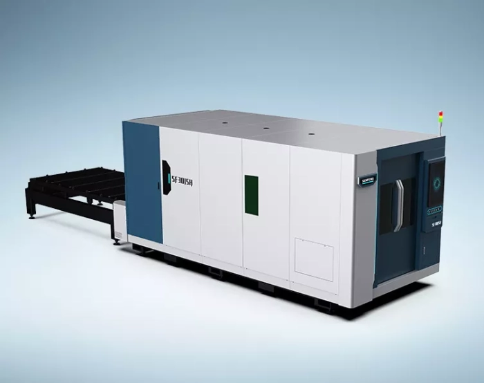 Senfeng SF3015H4 - высокомощный станок лазерной резки металла с защитой кабинетного типа и системой сменных столов. Рабочее поле 3000х1500 мм. Мощность от 6 до 60 кВт.