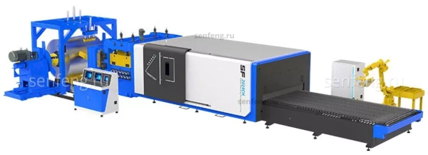 Senfeng SF2014CH - тяжелый автоматизированный комплекс лазерной резки с рулонной подачей и кабинетной защитой. Толщина рулонного материала до 14 мм, ширина до 2000 мм. Мощность от 1,5 до 6 кВт.