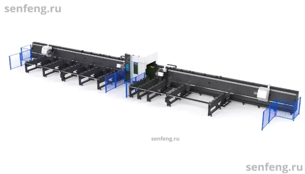 Senfeng SF12050HT - cверхтяжелый станок для лазерной резки трубы с четырьмя патронами, с защитной кабиной в зоне реза. Длина трубы от 6 до 12 метров с диаметром до 500 мм. Мощность от 6 до 20 кВт.